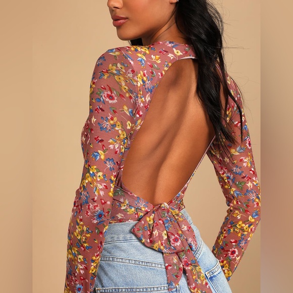 Lulus Little Bit Flirty Mauve Floral Print Mesh Backless Sexy Bodysuit Large - Picture 1 of 11